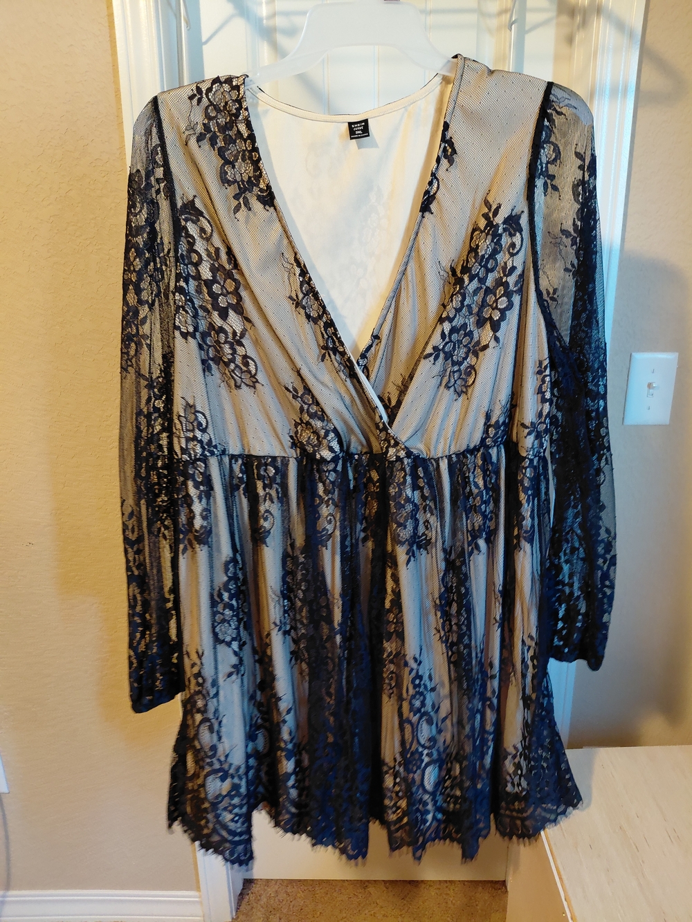 SHEIN Black Lace Overlay Mini Dress with Cream Slip